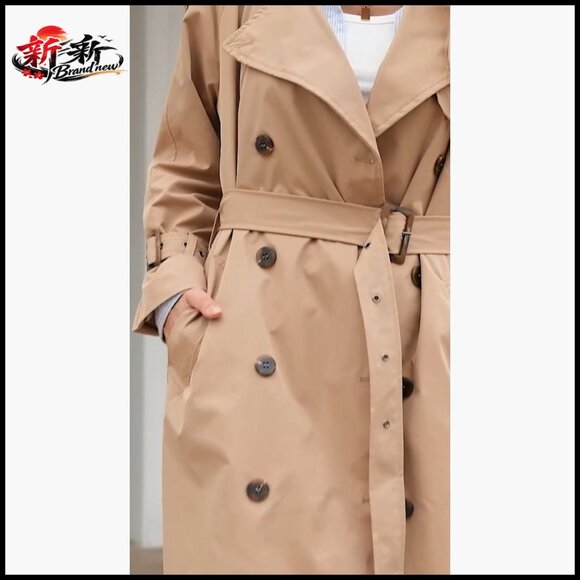 Long Trench Coat Double Breasted Classic Lapel Overcoat with Belt - Picture 7 of 7